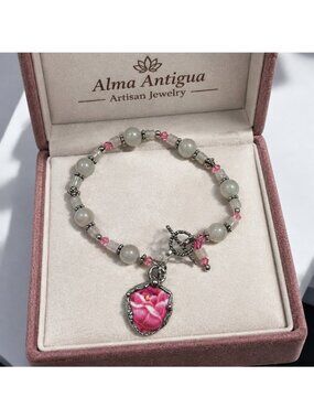 Vintage Pink Rose Quartz Bracelet Broken China Charm Cabochon